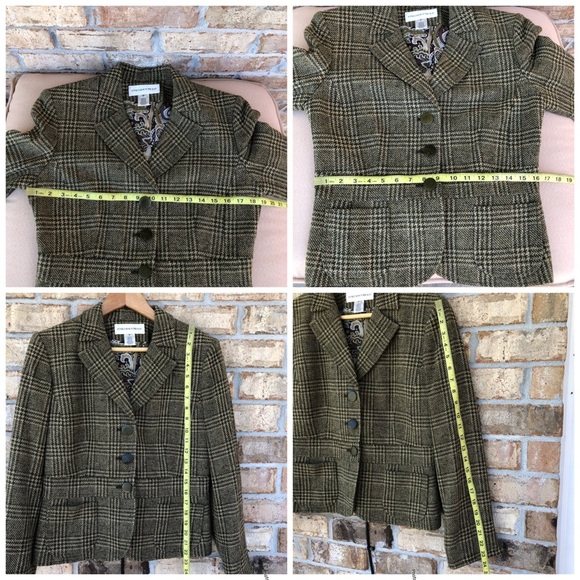 Jones New York 2PC Tan Green Tweed Plaid 3 Buttons Jacket Pleated Detail Skirt 6 - Picture 9 of 16